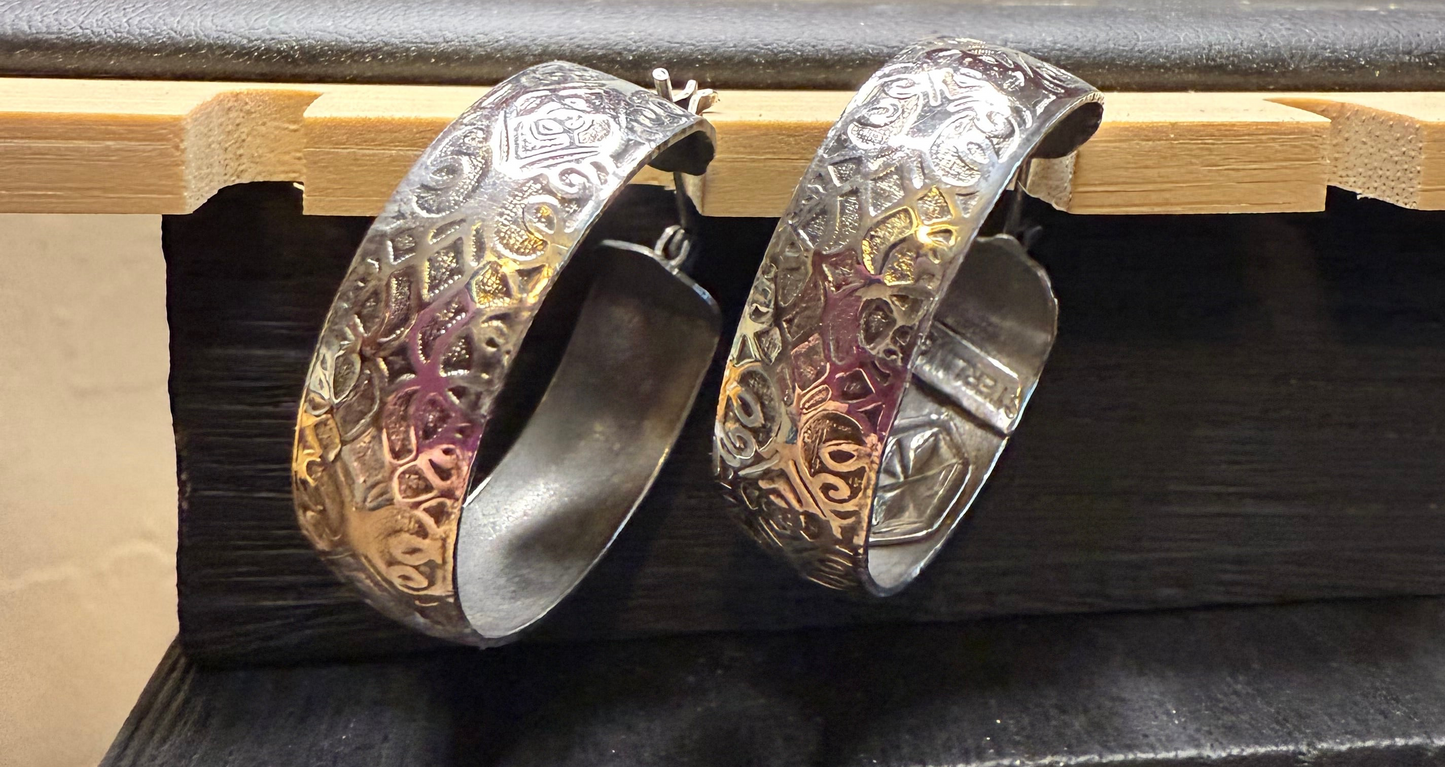Patterned Hinged Hoop Earrings in Sterling Silver