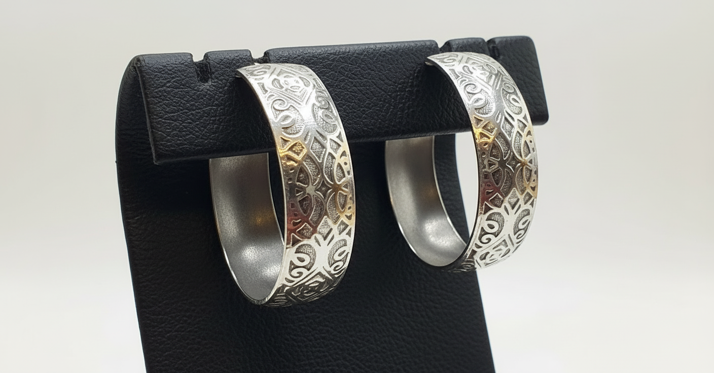 Patterned Hinged Hoop Earrings in Sterling Silver