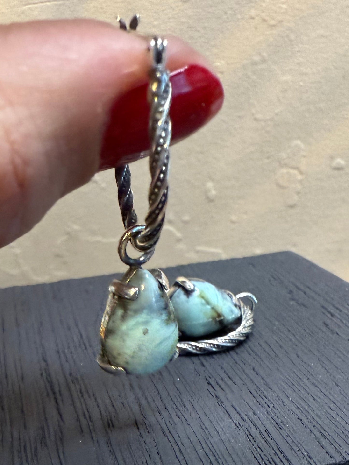 Twisted Hinged Hoop Earrings in Sterling Silver with New Lander Variscite Teardrop Charms