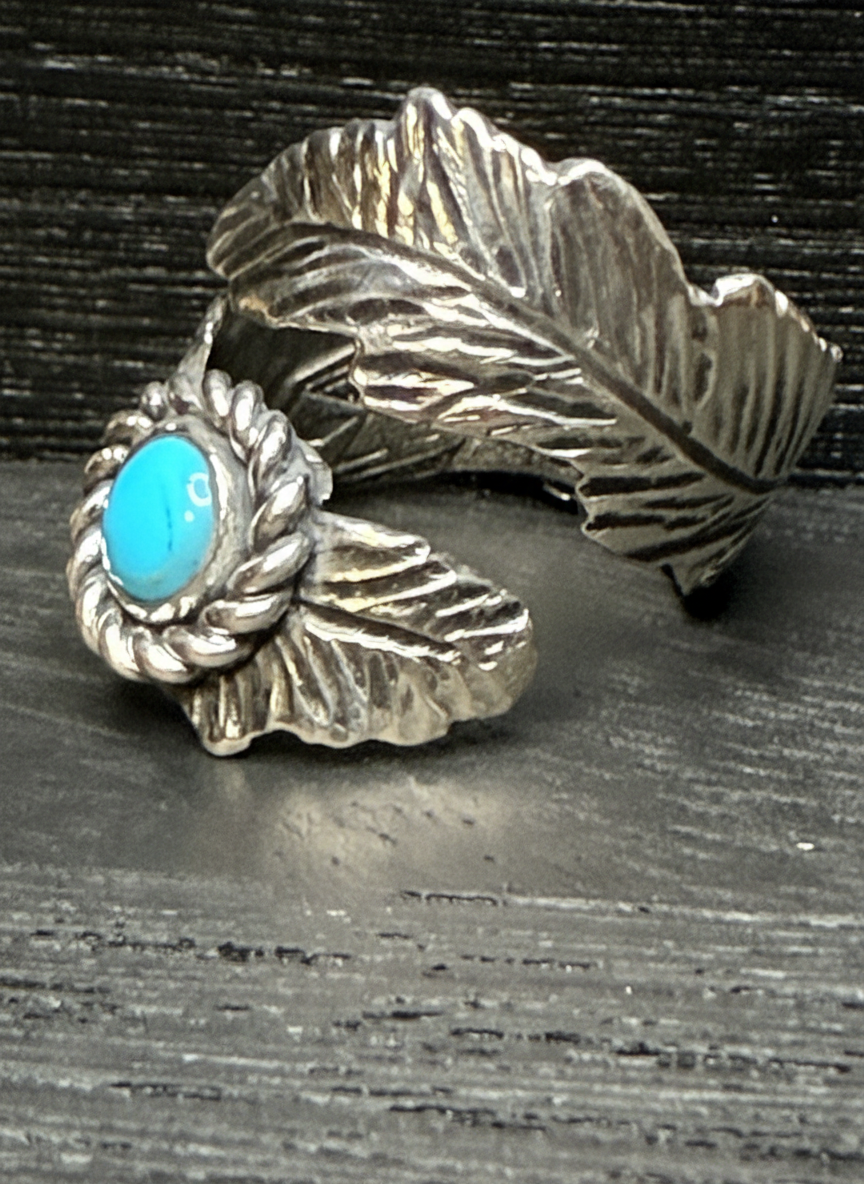 Adjustable Sterling Silver and Kingman Turquoise Feather Ring