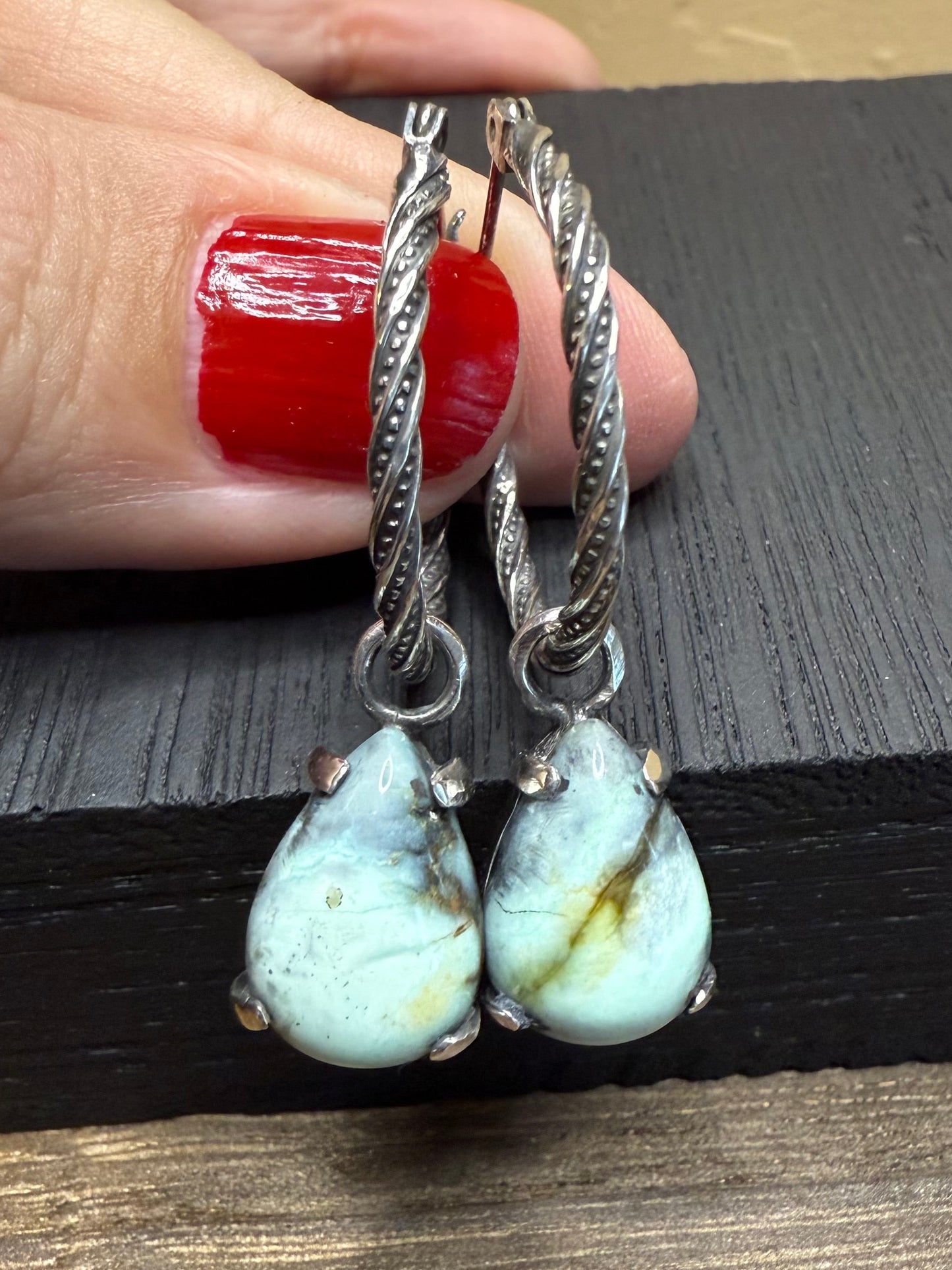 Twisted Hinged Hoop Earrings in Sterling Silver with New Lander Variscite Teardrop Charms