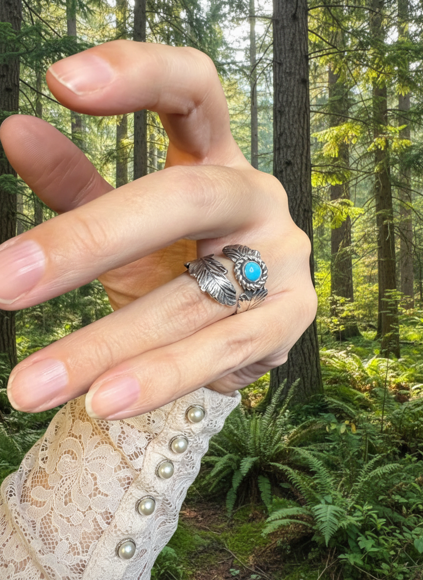 Adjustable Sterling Silver and Kingman Turquoise Feather Ring
