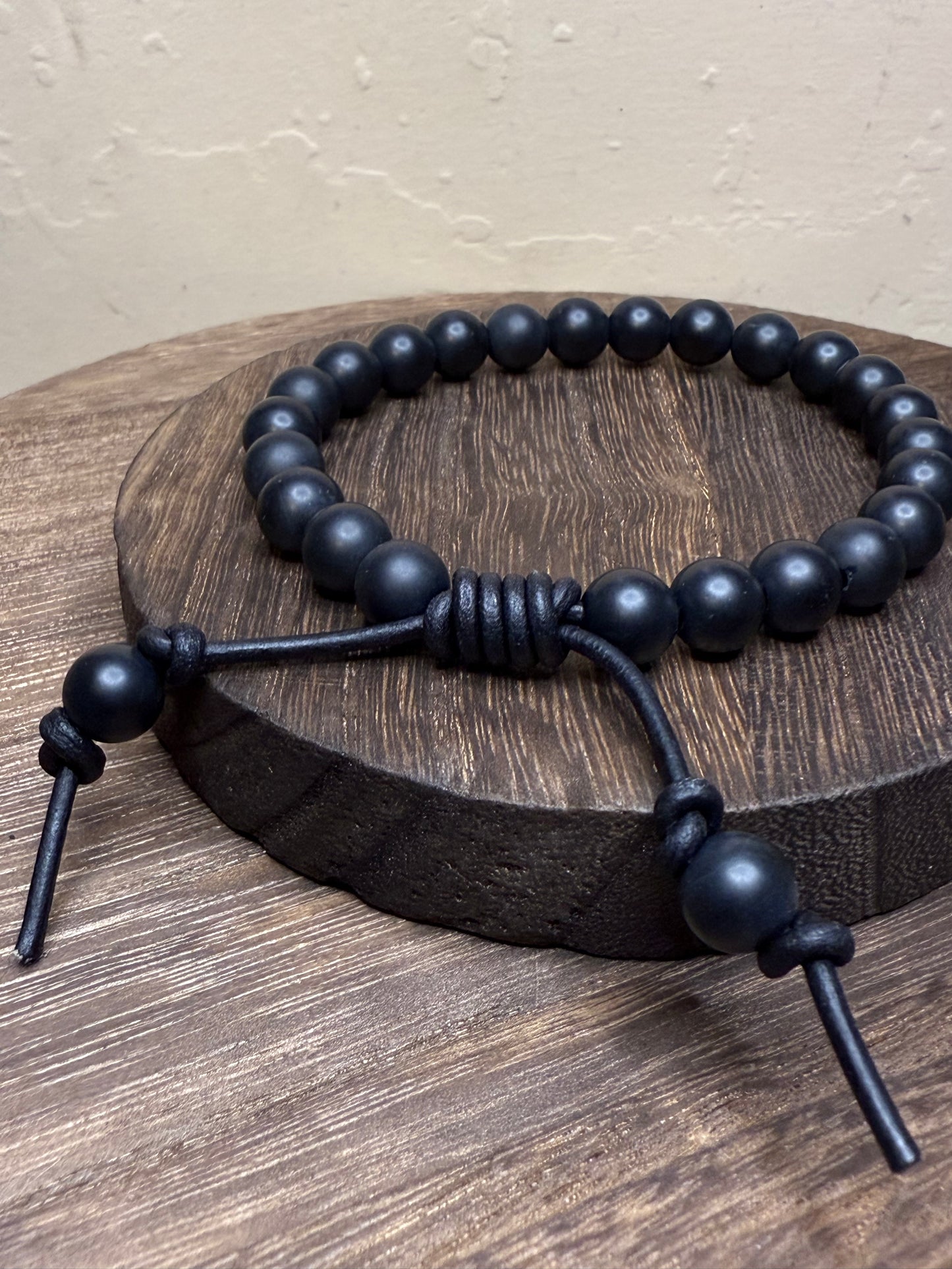 Black Onyx Beaded Leather Bracelet-Matte