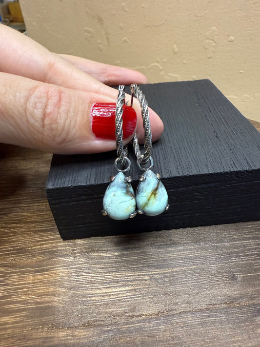 Twisted Hinged Hoop Earrings in Sterling Silver with New Lander Variscite Teardrop Charms