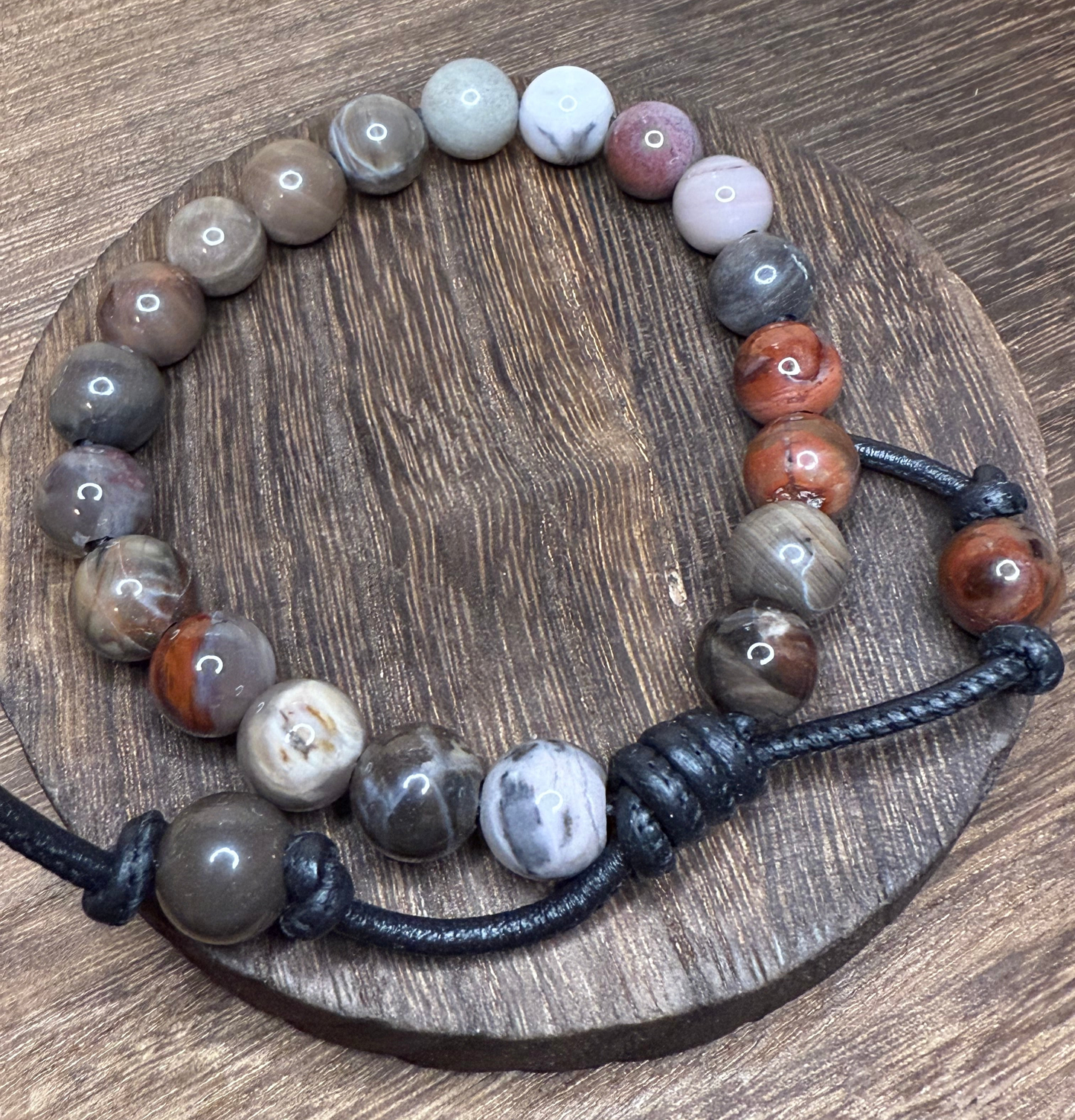 Petrified Wood Beaded Leather Bracelet