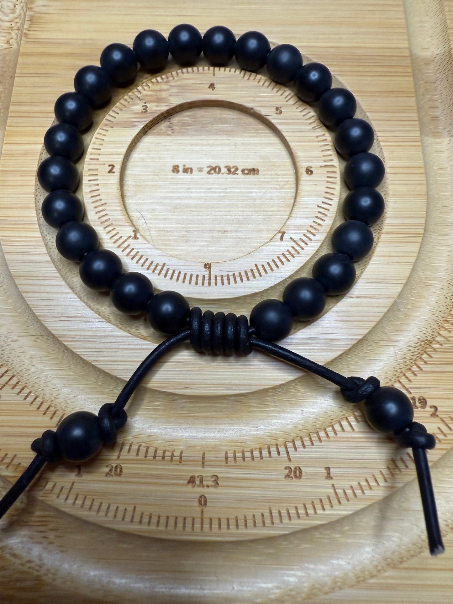 Black Onyx Beaded Leather Bracelet-Matte