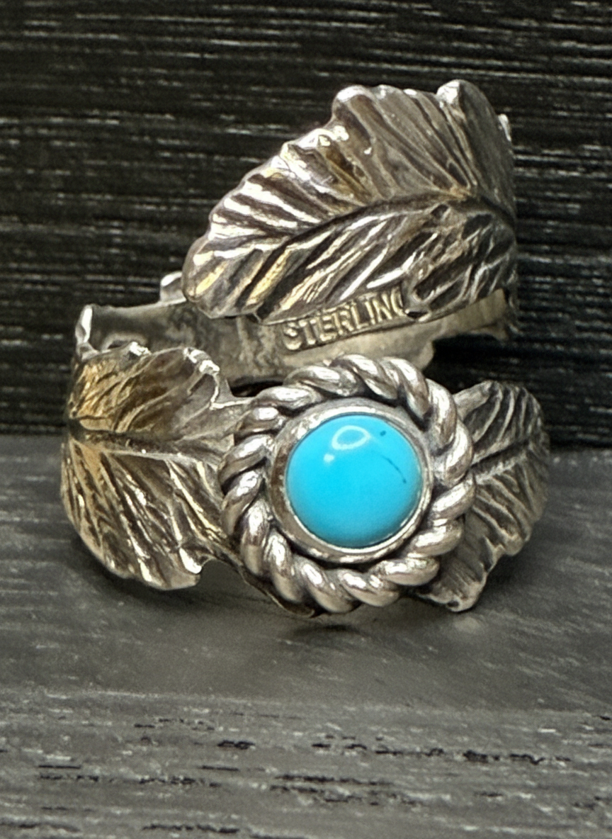 Adjustable Sterling Silver and Kingman Turquoise Feather Ring