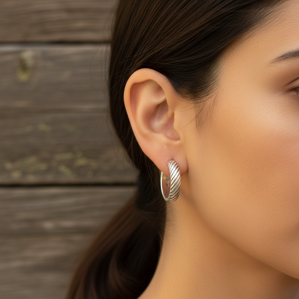 Classic Half-Round Twist Patterned Hoop Earrings in Sterling Silver