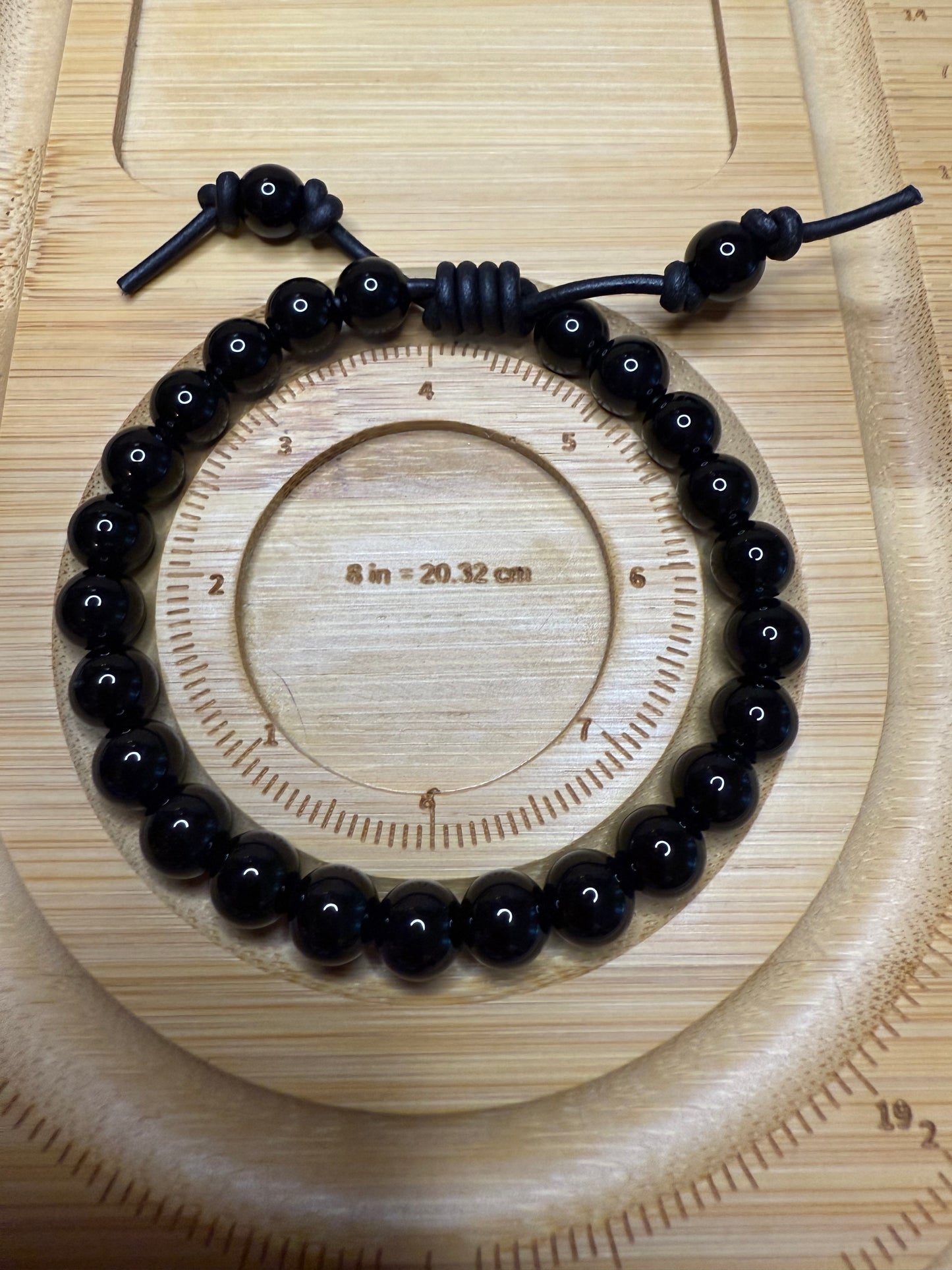 Black Onyx Beaded Leather Bracelet-Polished