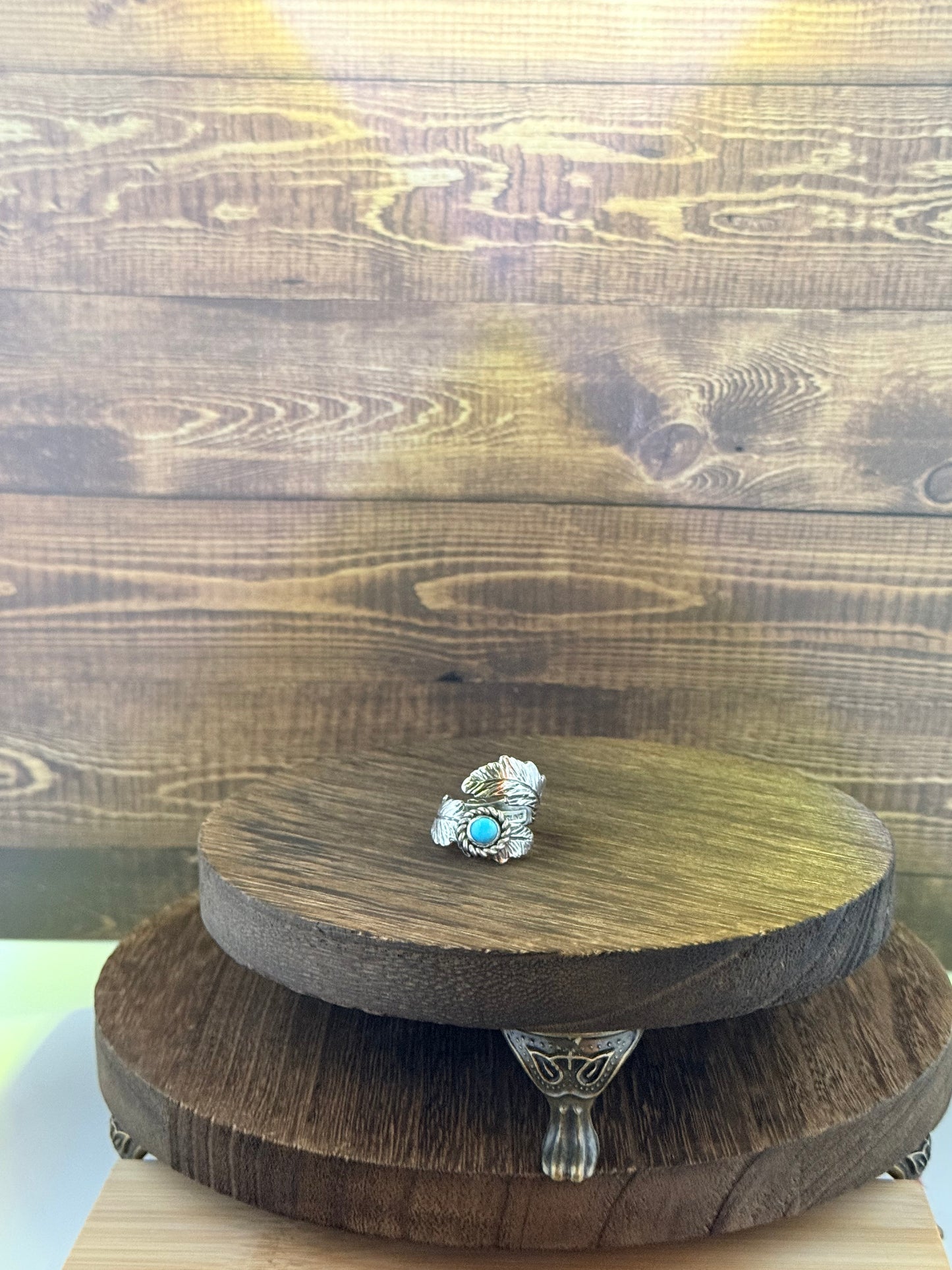 Adjustable Sterling Silver and Kingman Turquoise Feather Ring