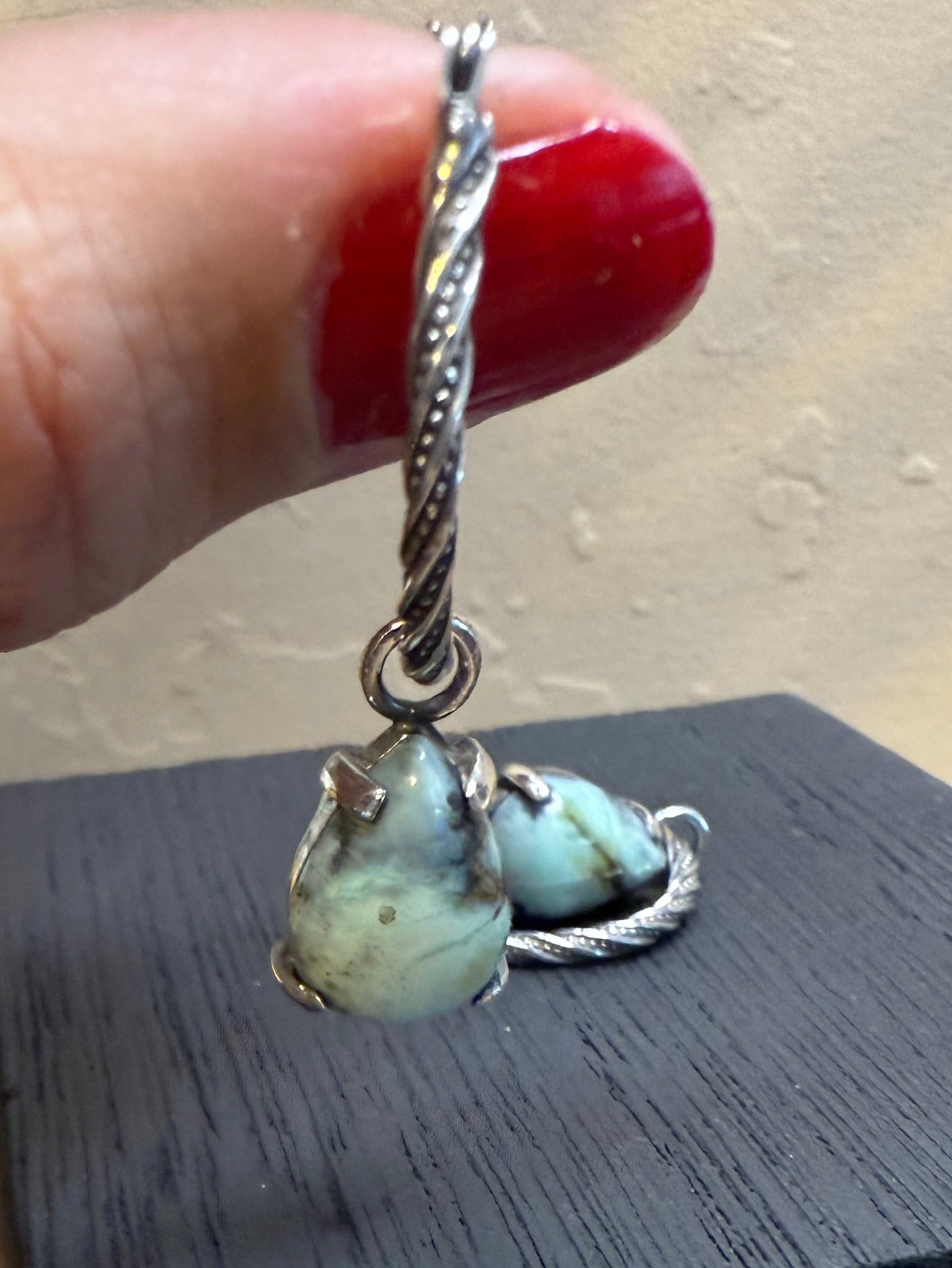 Twisted Hinged Hoop Earrings in Sterling Silver with New Lander Variscite Teardrop Charms