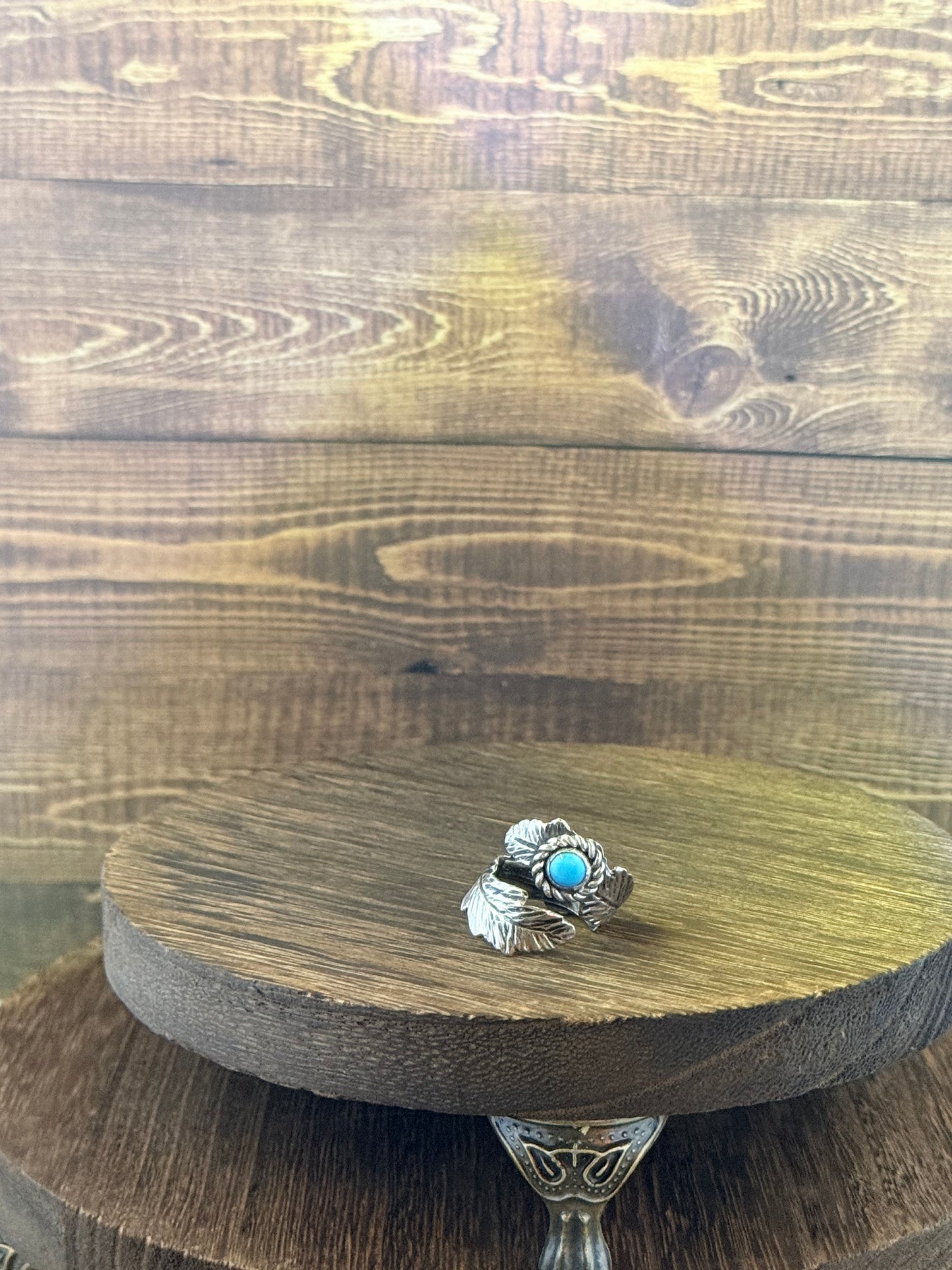 Adjustable Sterling Silver and Kingman Turquoise Feather Ring
