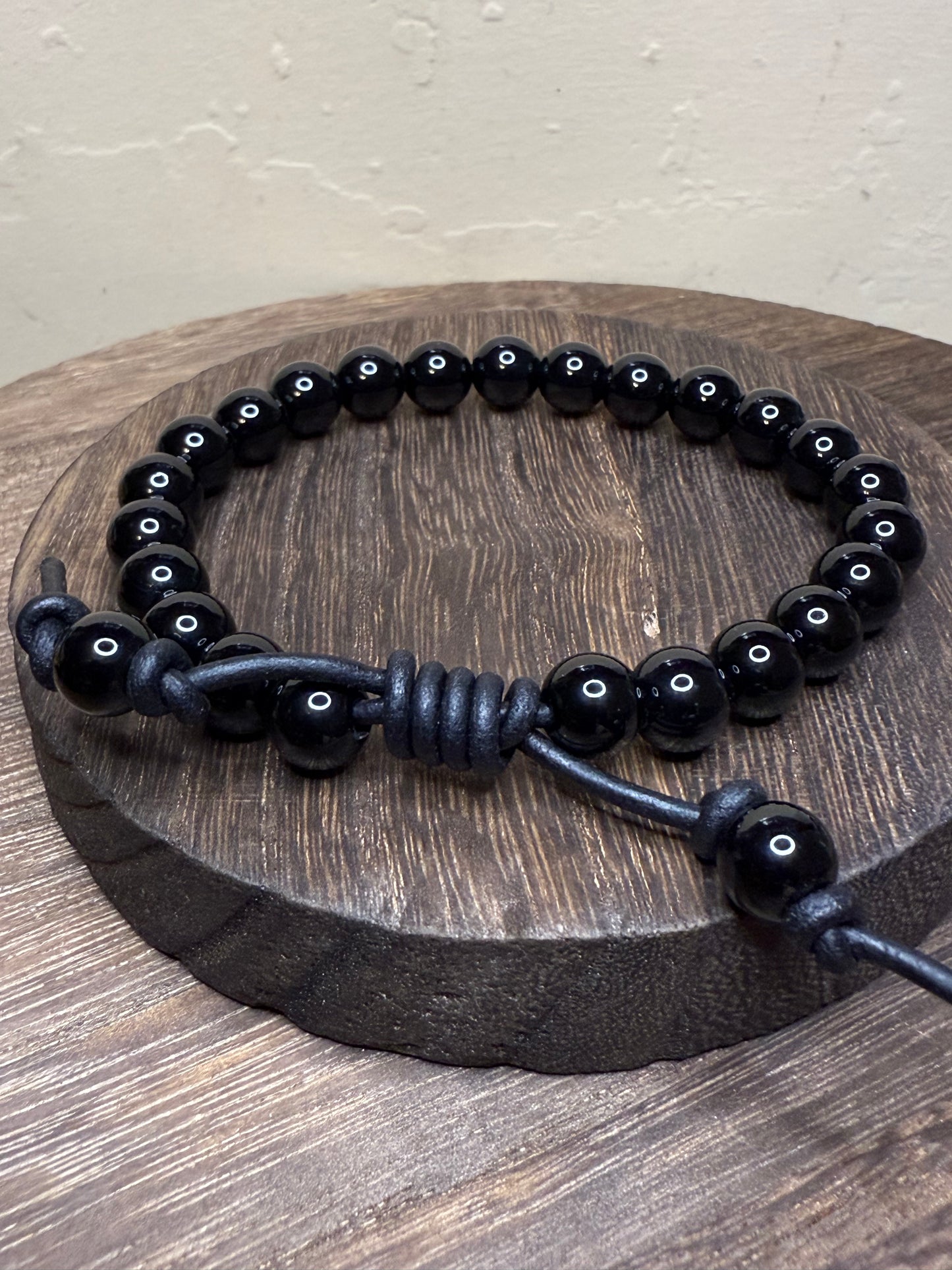 Black Onyx Beaded Leather Bracelet-Polished