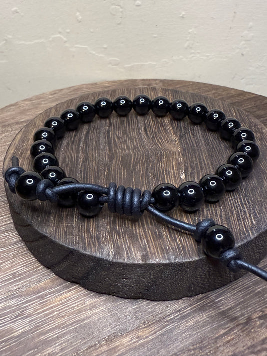 Black Onyx Beaded Leather Bracelet-Polished