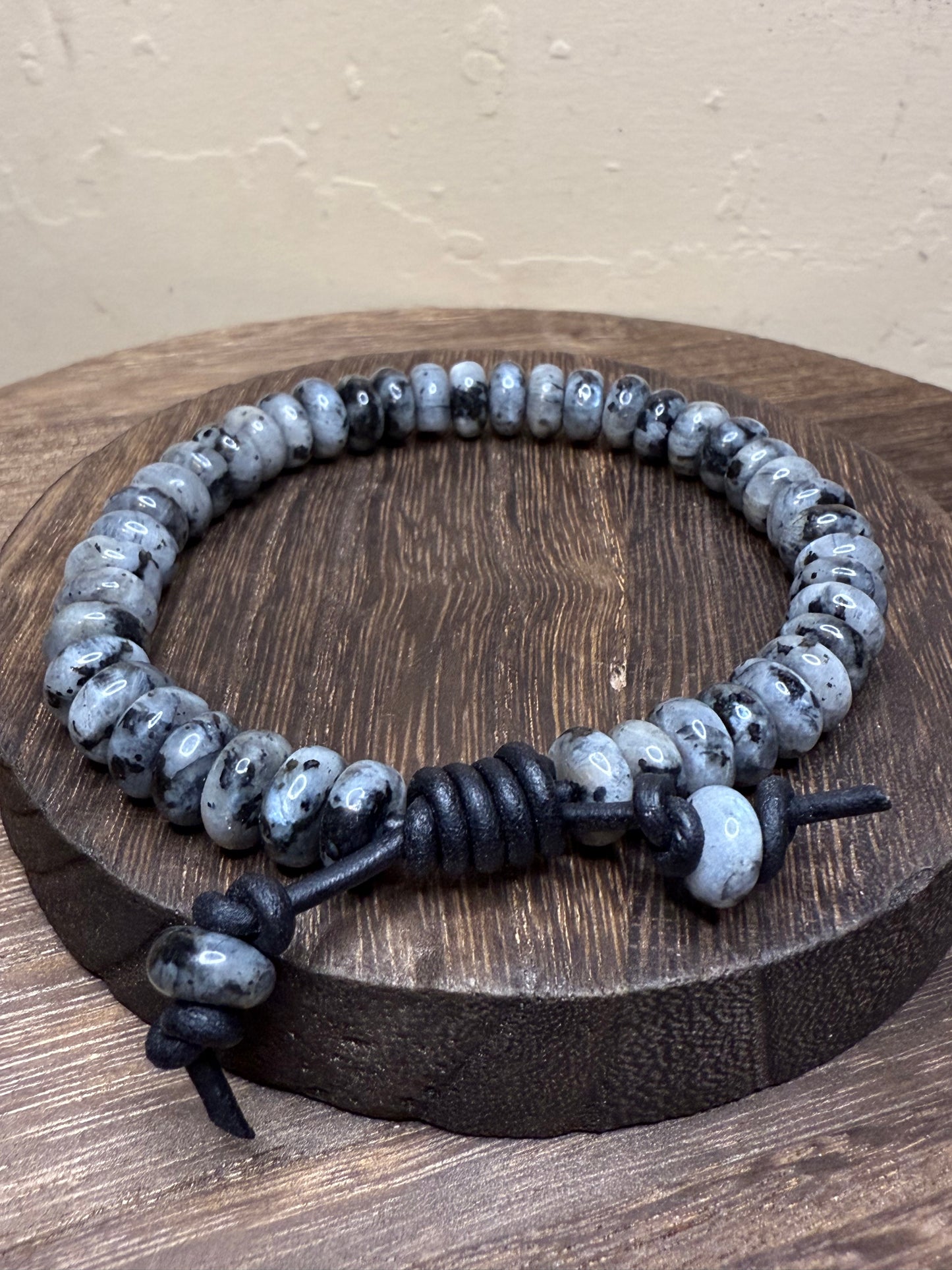 Larvikite and Napa Leather Beaded Bracelet